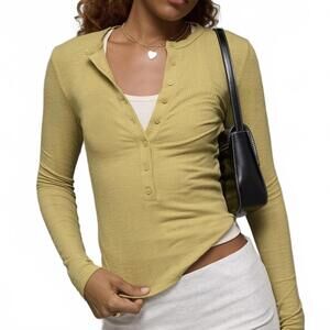 AE Long Sleeve Henley T-Shirt American Eagle NWT Washed Olive XS